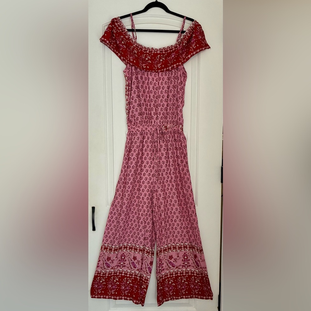 Goodnight Macaroon Red and Pink Off-Shoulder Jumpsuit